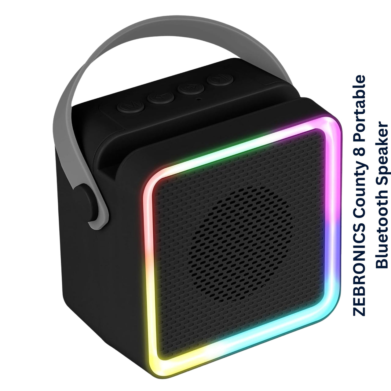 Black portable Bluetooth speaker with colorful LED rim on a white background, branded as Zebronics.