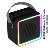 Black portable Bluetooth speaker with colorful LED rim on a white background, branded as Zebronics.