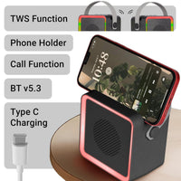 Multifunctional device with phone holder, TWS function, call function, BT v5.3, and Type C charging.