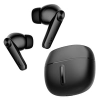 Black wireless earbuds with charging case on a white background