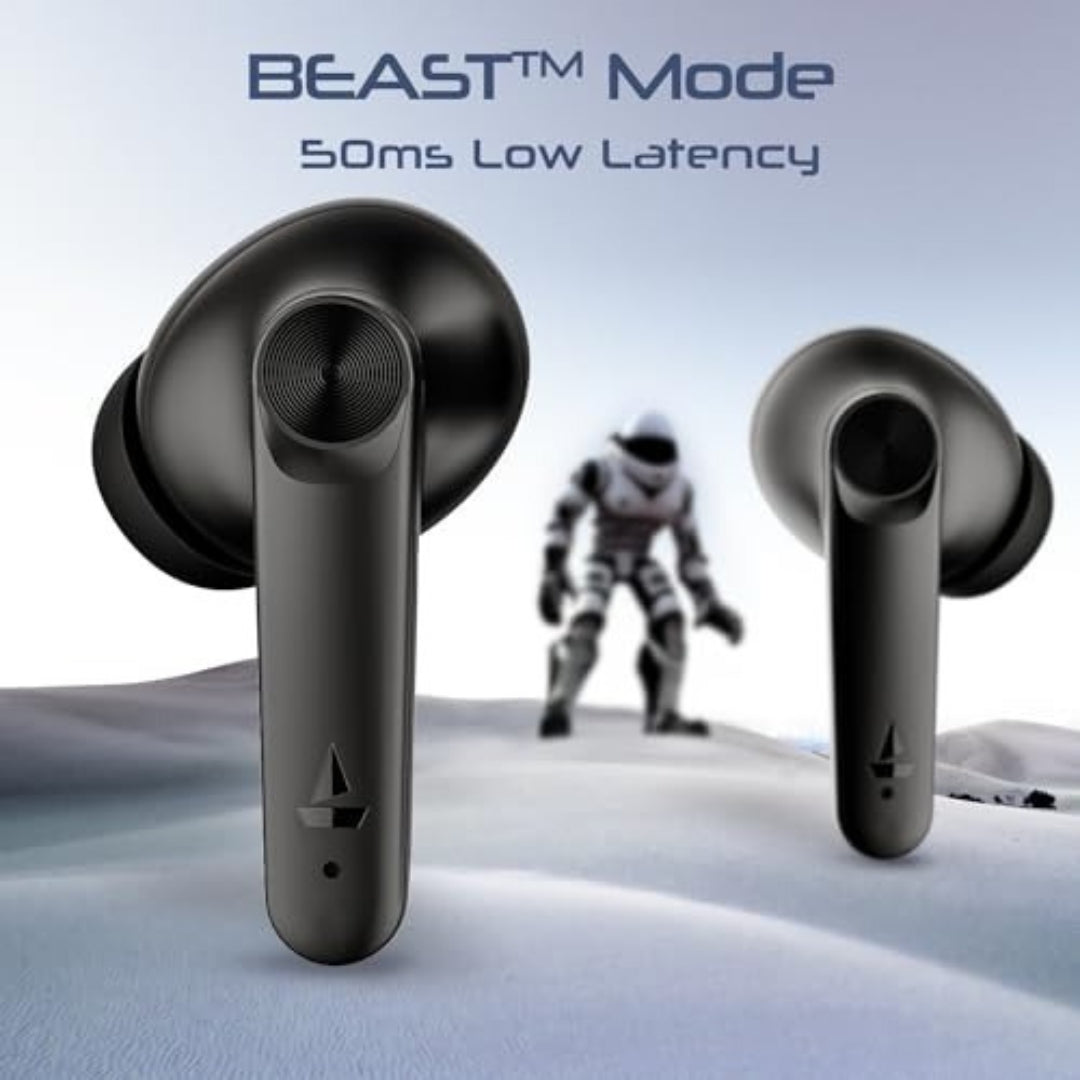Black wireless earbuds with 'BEAST Mode' text on a light blue background