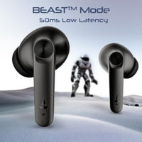 Black wireless earbuds with 'BEAST Mode' text on a light blue background
