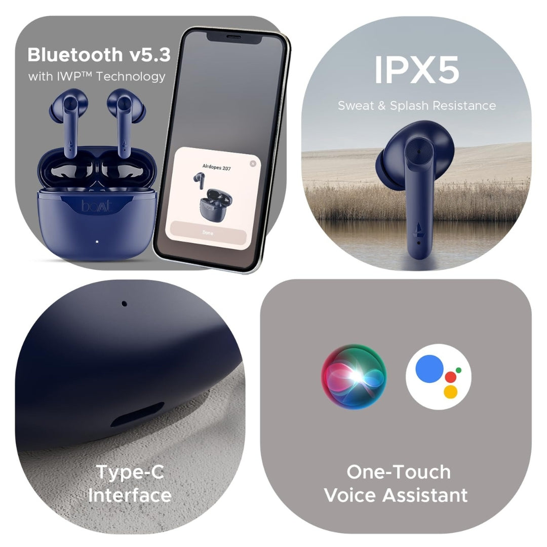 boAt Airdopes 207 TWS Earbuds | 50H Playback | Quad Mic ENx™ | ASAP™ Fast Charging | IWP™ Tech | Beast Mode 50ms Low Latency | Bluetooth v5.x