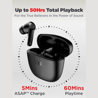 Black wireless earbuds with charging case on a light gray background, featuring BoAt branding.
