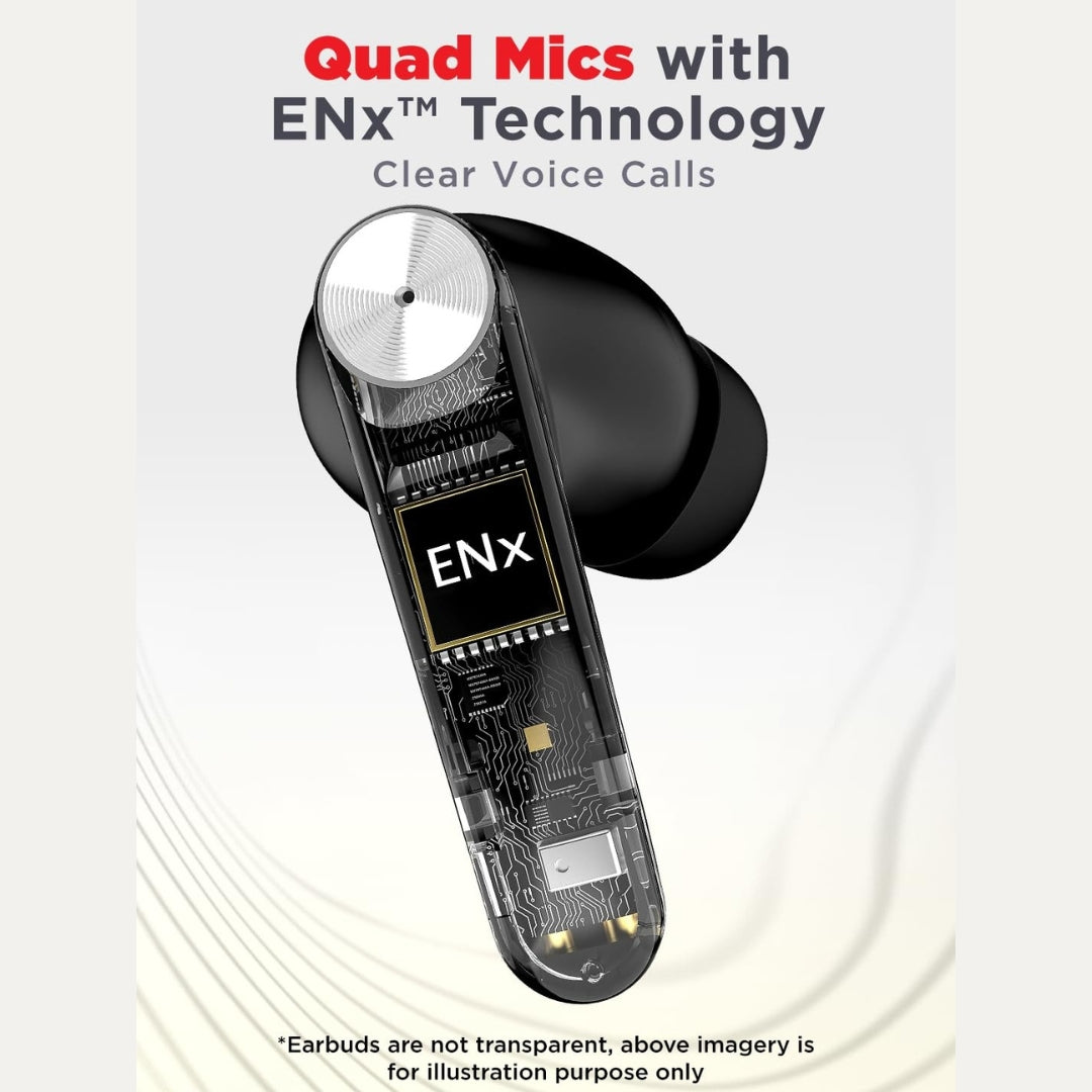 Earbud with 'ENX' technology on a white background
