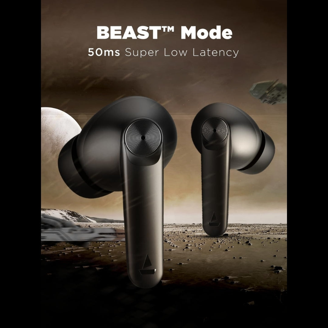 Black wireless earbuds with 'BEAST Mode' text on a desert landscape background
