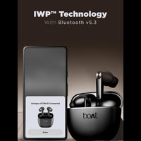 boAt wireless earbuds with charging case and smartphone displaying connection status on a dark background with 'IWP Technology' text.