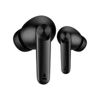 Black wireless earbuds on a white background