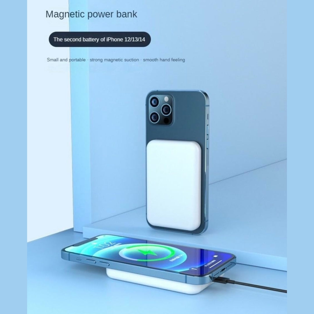 Magnetic power bank attached to a smartphone on a light blue background