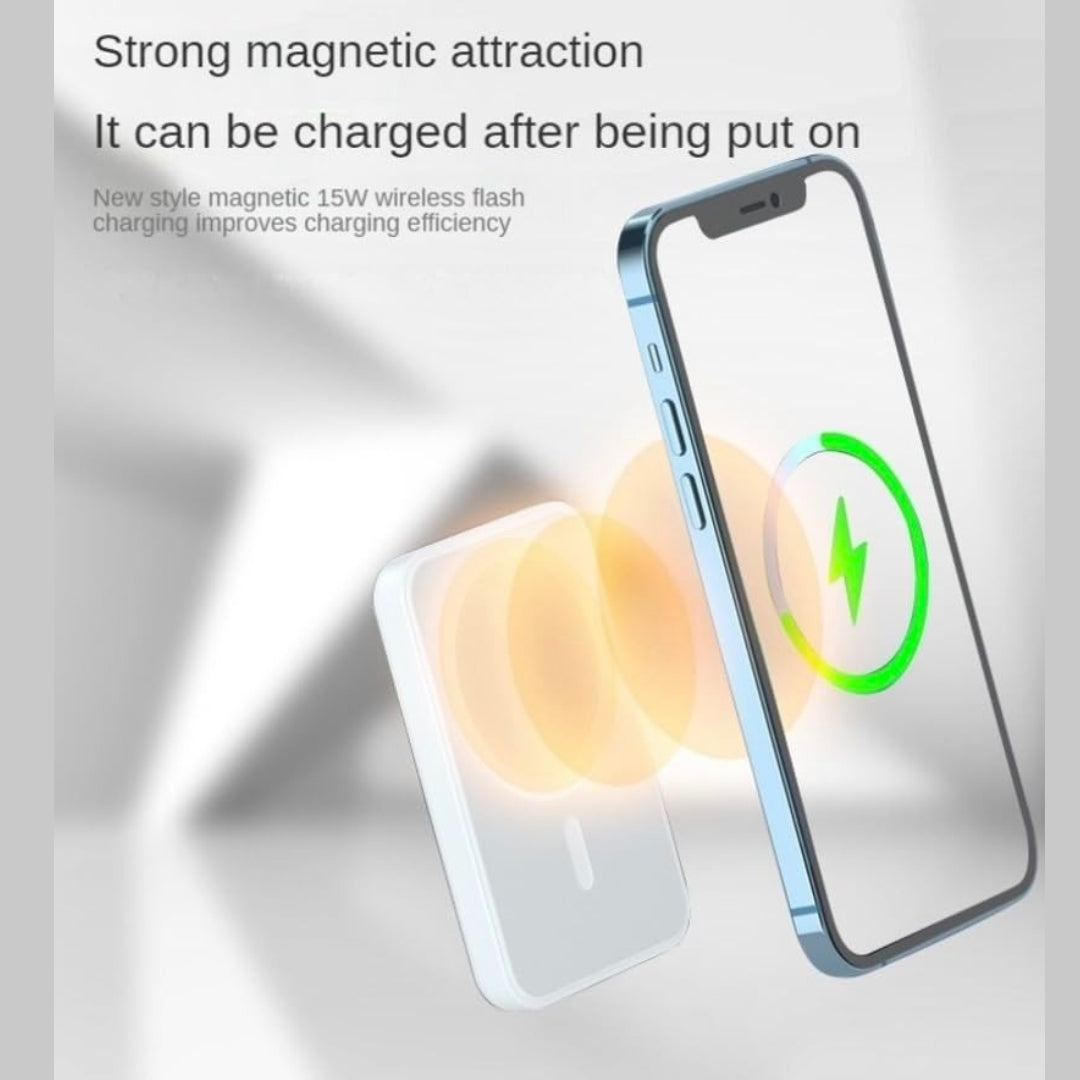 Smartphone with a glass screen protector on a white background, featuring text about magnetic attraction and wireless charging.