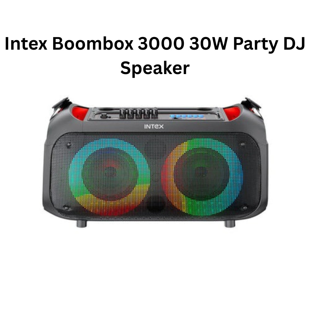 Intex Boombox 3000 30W Party DJ Speaker with colorful LED lights on a white background