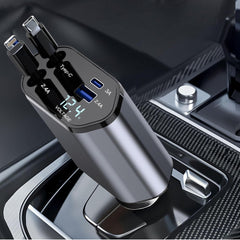 Car charger with digital display in a vehicle's cup holder.