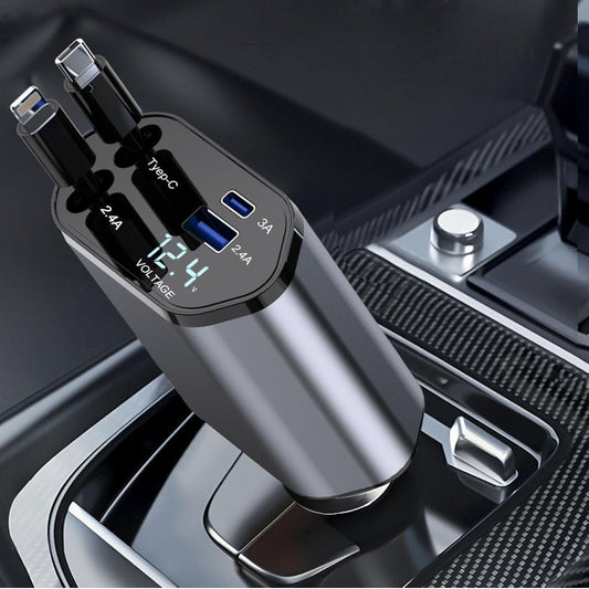 Car charger with digital display in a vehicle's cup holder.