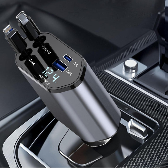 Car charger with digital display in a vehicle's cup holder.