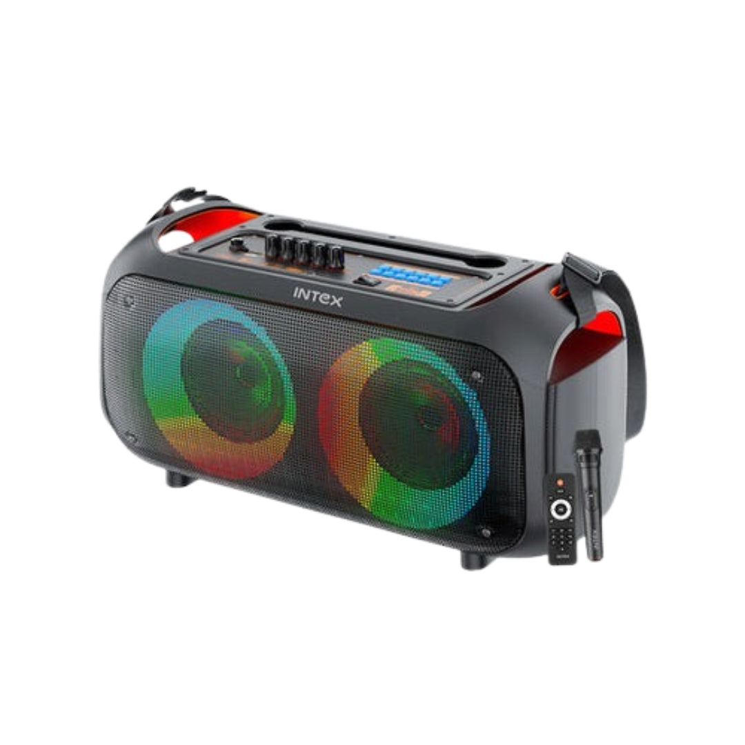 Black portable speaker with colorful LED lights on a white background