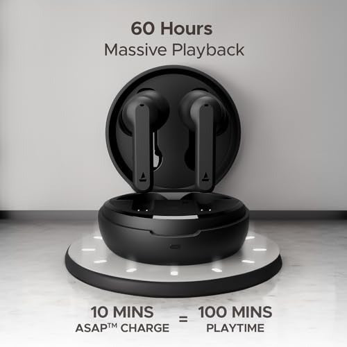 Black wireless earbuds with charging case on a white background, displaying battery life and charging information.