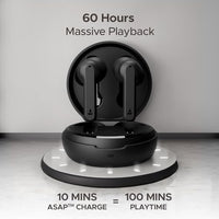 Black wireless earbuds with charging case on a white background, displaying battery life and charging information.