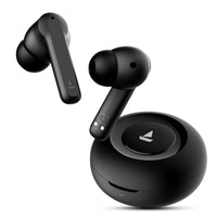 Black wireless earbuds with charging case on a white background