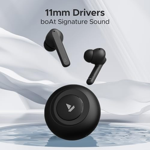 Black wireless earbuds with charging case on a white background, featuring '11mm Drivers' and 'boAt Signature Sound' text.