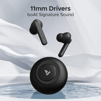 Black wireless earbuds with charging case on a white background, featuring '11mm Drivers' and 'boAt Signature Sound' text.
