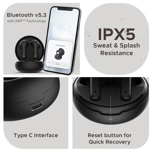 Collage of features including Bluetooth v5.3, IPX5 sweat & splash resistance, Type C interface, and reset button for quick recovery on a product packaging.