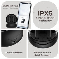 Collage of features including Bluetooth v5.3, IPX5 sweat & splash resistance, Type C interface, and reset button for quick recovery on a product packaging.