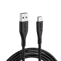 Black USB cable with braided design on a white background