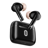 Black wireless earbuds with charging case on a white background