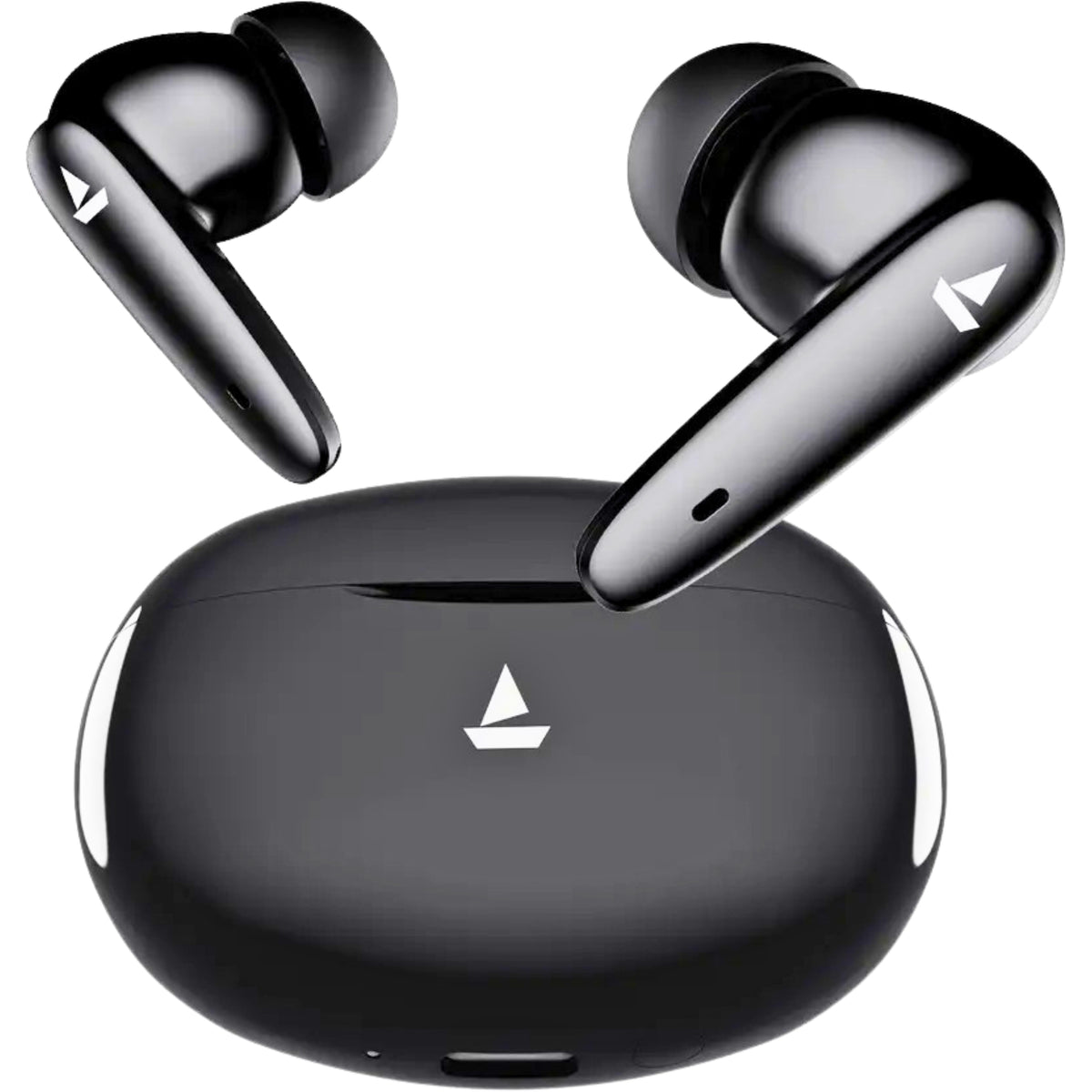 Black wireless earbuds with charging case on a white background