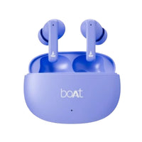Blue wireless earbuds with charging case on a white background, featuring the boAt brand.