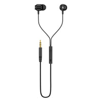 Black in-ear headphones with a cable and control buttons on a white background