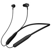 Black wireless earbuds with neckband on a white background