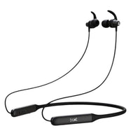Black wireless earbuds with a neckband on a white background