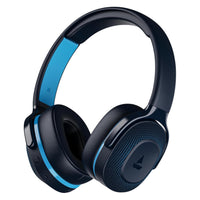Black and blue headphones on a white background