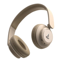 Beige headphones with a brand logo on a white background