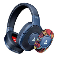 Blue headphones with a colorful driver unit on a white background