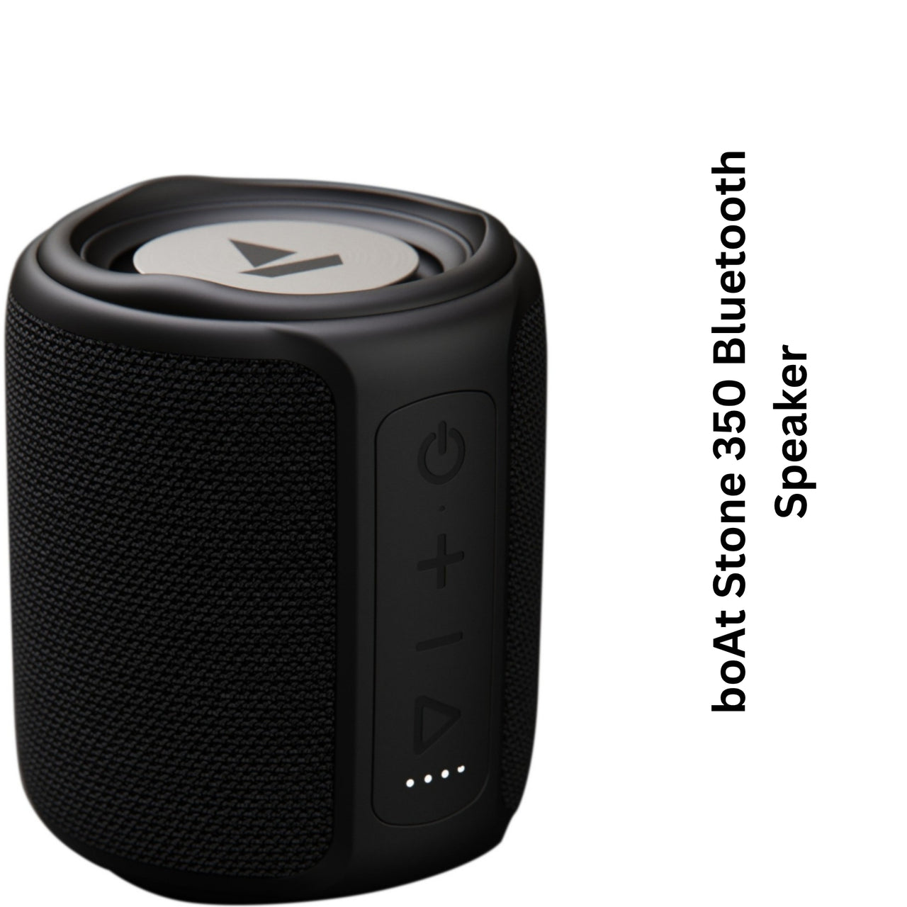 Black Bluetooth speaker with brand name on a white background
