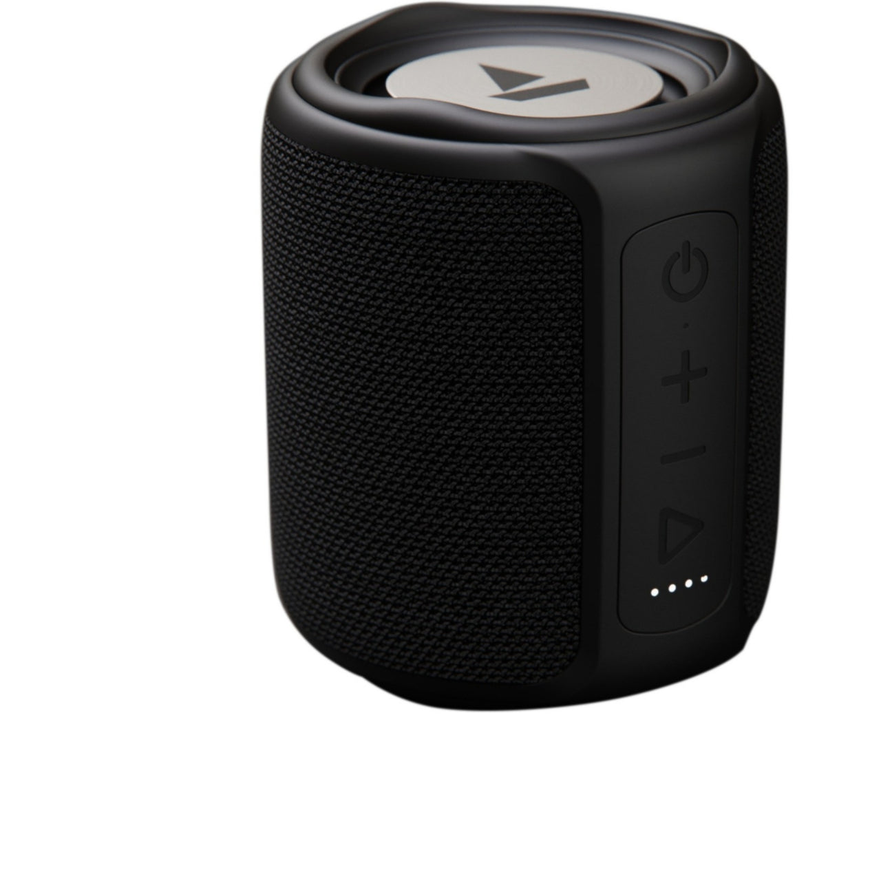 Black portable speaker with brand logo on a white background
