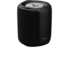 Black portable speaker with brand logo on a white background