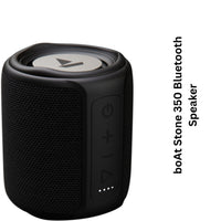 Black Bluetooth speaker with brand name on a white background