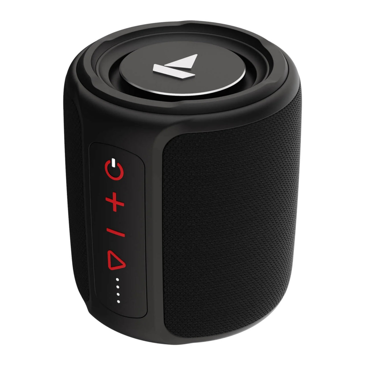 Black portable speaker with control buttons on a white background