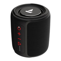 Black portable speaker with control buttons on a white background