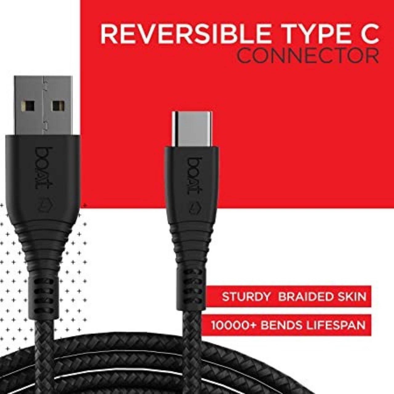Black reversible Type C connector cable with branding on a red and white background