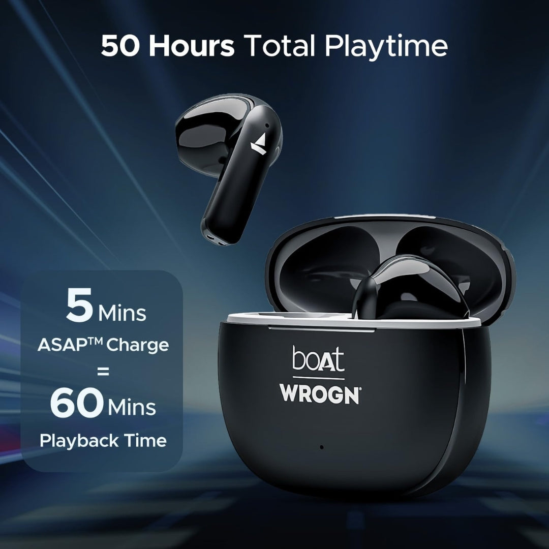 boAt Airdopes 118 TWS Earbuds – WROGN Edition | 50H Playback | Quad Mic ENx™ | Beast Mode Low Latency | Bluetooth 5.3 | In-Ear Wireless Earphones with Mic | Opal Black
