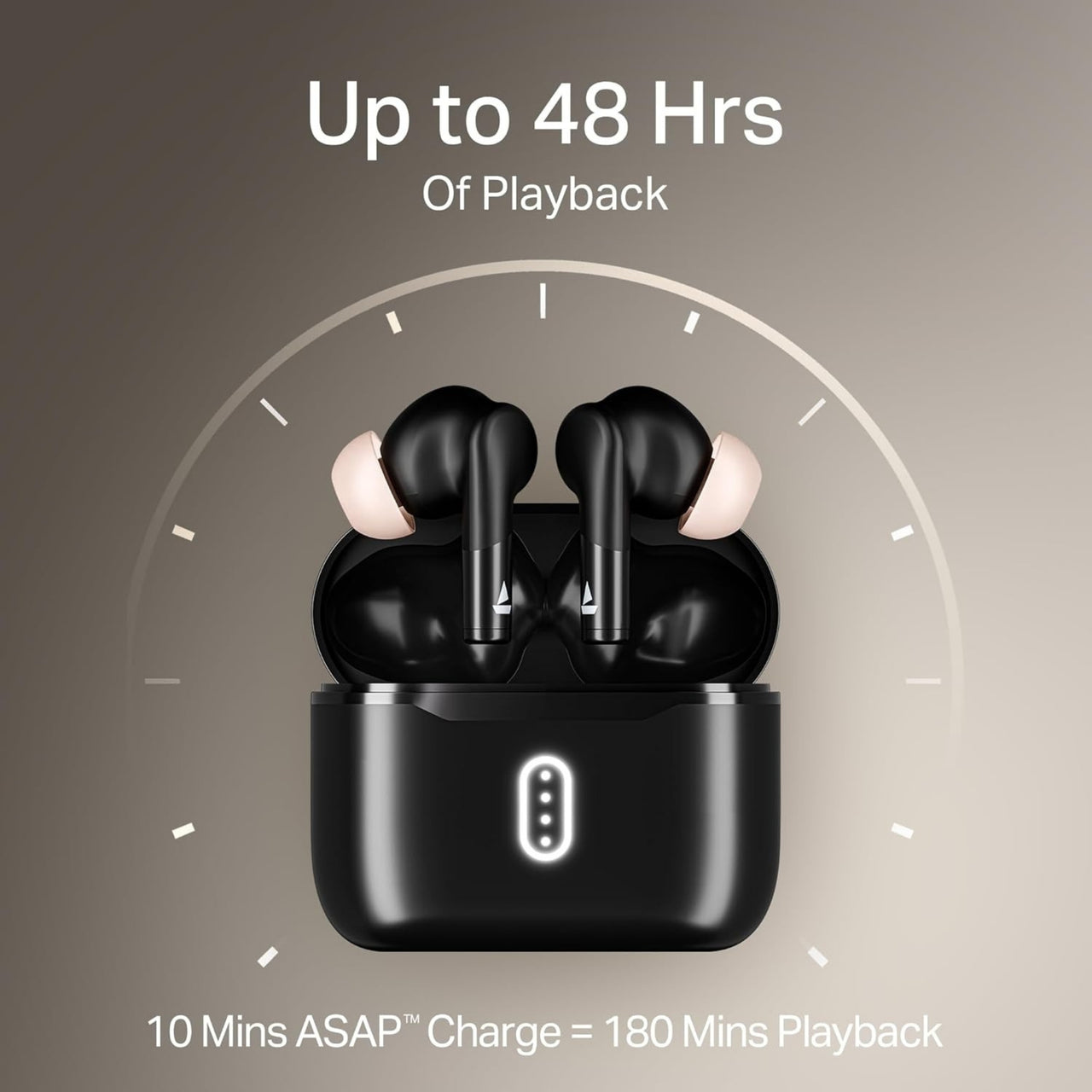 Black wireless earbuds in charging case with text about playback time on a gray background