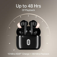 Black wireless earbuds in charging case with text about playback time on a gray background