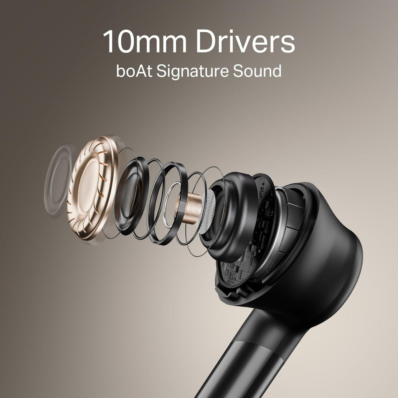 boAt earbud with 10mm drivers and 'boAt Signature Sound' text on a gradient background