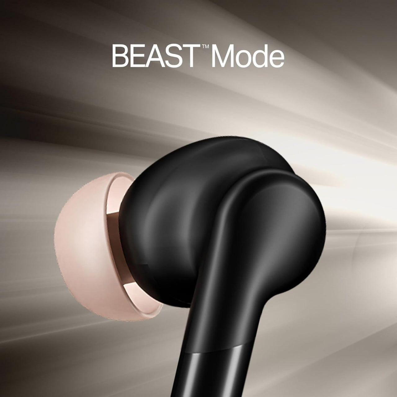 Black and pink earbuds with 'BEAST Mode' text on a dynamic background