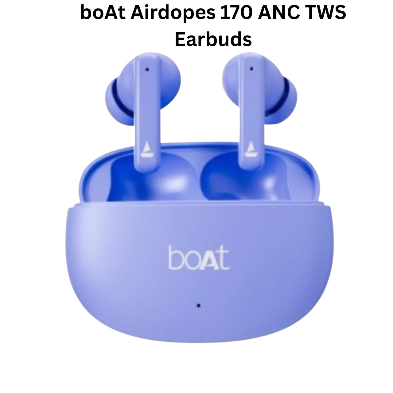 Blue boAt Airdopes 170 ANC TWS earbuds with charging case on a white background