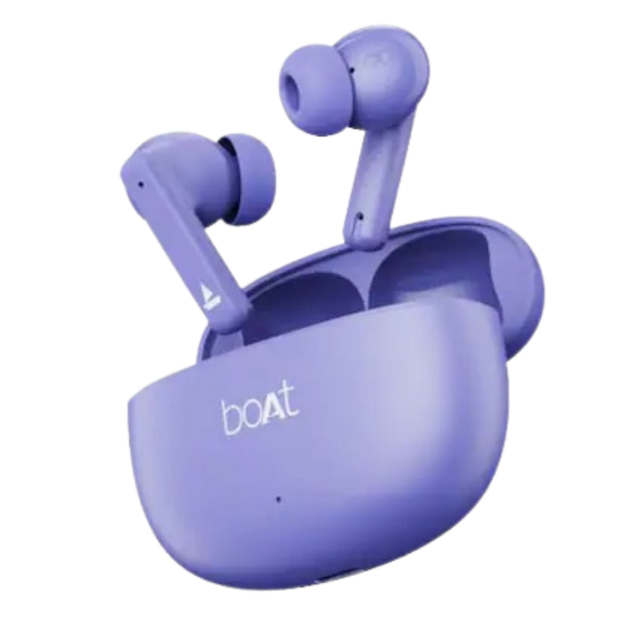 Purple wireless earbuds with charging case on a white background